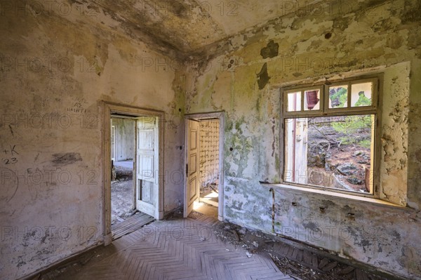 Dilapidated room with dirty walls, an open window and open door, showing green mould and dilapidated interior, Mussolini Villa, Villa de Vecchi, Profitis Ilias, Empona, Rhodes, Dodecanese, Greek Islands, Greece, Europe