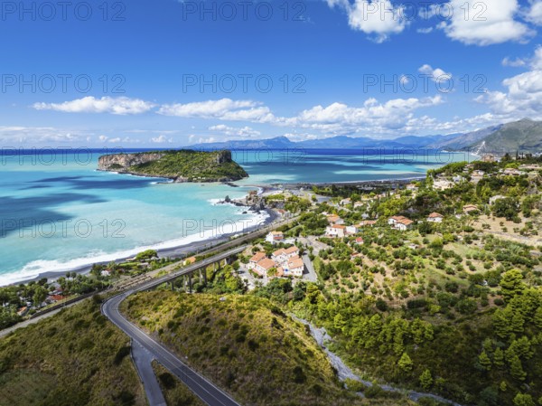 Praia a Mare from a drone, Tyrrhenian Sea, Cosenza, Calabria, Italy, Europe