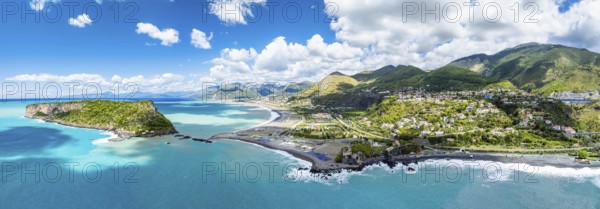 Panorama of Praia a Mare from a drone, Tyrrhenian Sea, Cosenza, Calabria, Italy, Europe