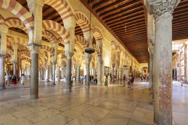 Large interior with numerous columns and arches, populated by people, Cordoba