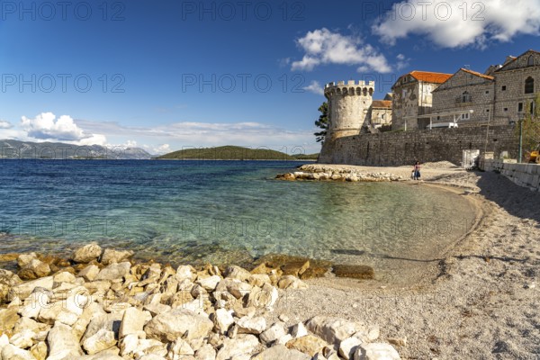 Zakerjan beach and Zakerjan tower in Korcula, Croatia, Europe