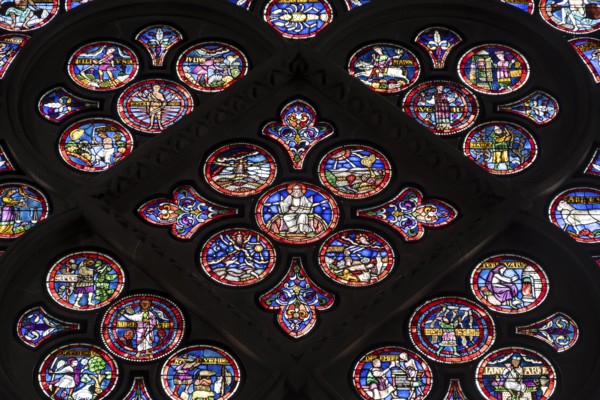 Colourful stained glass windows, Notre-Dame Cathedral, former episcopal church of the diocese of Lausanne, today the main reformed church of the city of Lausanne, canton of Vaud, Switzerland, Europe