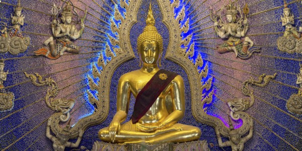 Golden Buddha statue with tunic, Bhumispara-mudra, Buddha Gautama at the moment of enlightenment, art gallery with modern art trends such as minimalism and abstraction, Wat Pariwat, Yan Nawa district, Bangkok, Thailand, Asia