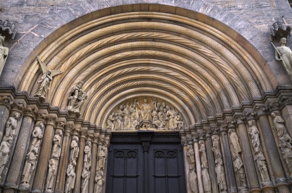Depiction of the Last Judgement in the tympanum, princely portal, main portal, Bamberg Cathedral of St Peter and St George, Bamberg, Upper Franconia, Bavaria, Germany, Europe