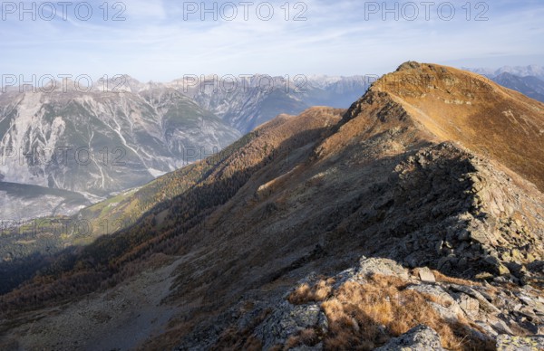 Venet ridge with Kreuzjoch summit, view from the Venet ridge to mountains of the Parzinn group in the Lechtal Alps, in autumn, Venet crossing, Ötztal Alps, Tyrol, Austria, Europe