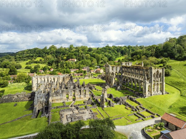 Rievaulx Abbey from a drone, North York Moors National Park, North Yorkshire, England, United Kingdom, Europe