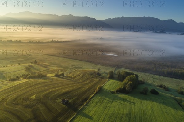 Aerial view of a meadow fertilised with liquid manure in front of a mountain landscape, morning light, fog, autumn, Murnauer moss, Alpine foothills, Upper Bavaria, Bavaria, Germany, Europe