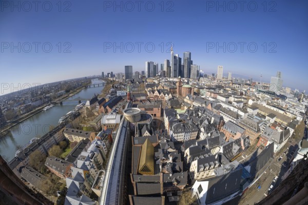 The view from St. Bartholomew's Cathedral takes in Frankfurt city centre and the banking skyline, Frankfurt am Main, Hesse, Germany, Europe