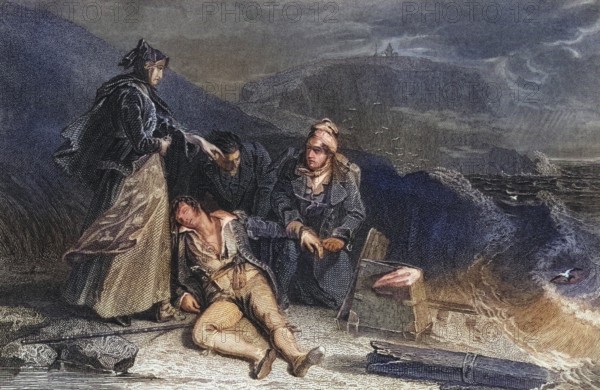Steel engraving by G. Presbury after a drawing by A. Chisolm of the rescue of Cleveland from Scott's novel The Pirate, Historical, digitally restored reproduction from a 19th century original, Record date not stated