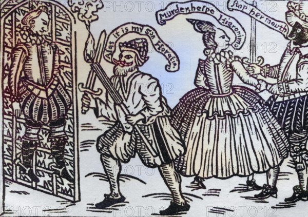 From the book The Spanish Tragedy, a theatre play by Thomas Kyd, 1898. Reproduction of the title page of the 1615 edition, Historical, digitally restored reproduction from a 19th century original, Record date not stated