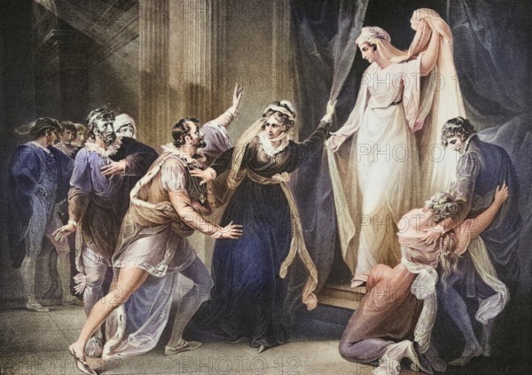 The Winter's Tale. Act V. Scene III: A chapel in Paulina's house. Leontes, Polixenes, Florizel, Perdita, Camillo, Paulina, masters and servants. Hermione as a statue. From the Boydell Shakespeare Gallery, published at the end of the 19th century, Historical, digitally restored reproduction from a 19th century original, Record date not stated