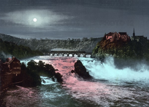 Rhine Falls at night, near Schaffhausen in Switzerland, Historical, digitally restored reproduction from a 19th century original, Record date not stated