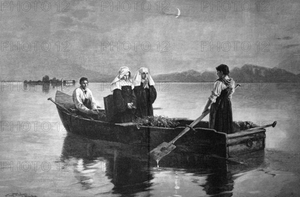Two nuns in a boat, ferry across a lake in the evening, Chiemsee, Bavaria, Germany, ca 1870, Historical, digital reproduction of an original from the 19th century, Europe