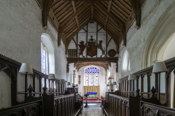 Interior of church of Saint Nicholas, Rushbrooke, Suffolk, England, UK, reputed Coat of Arms of King Henry the Eighth