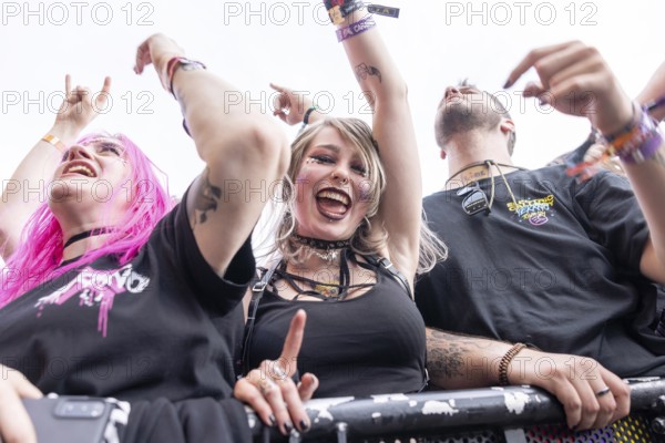 Adenau, Germany, 8 June 2024: Fans listen to Electric Callboy at Rock am Ring. The festival takes place at the Nürburgring race track near the town of Adenau from 7 to 9 June 2024, Europe