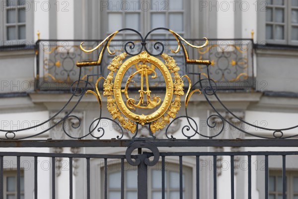Golden coat of arms on the Falkenlust hunting lodge, Elector and Archbishop Clemens August, west façade, UNESCO World Heritage Site, Brühl, North Rhine-Westphalia, Germany, Europe