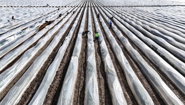 The first asparagus is harvested from a foil-covered asparagus field, Beelitz, 26/03/2024