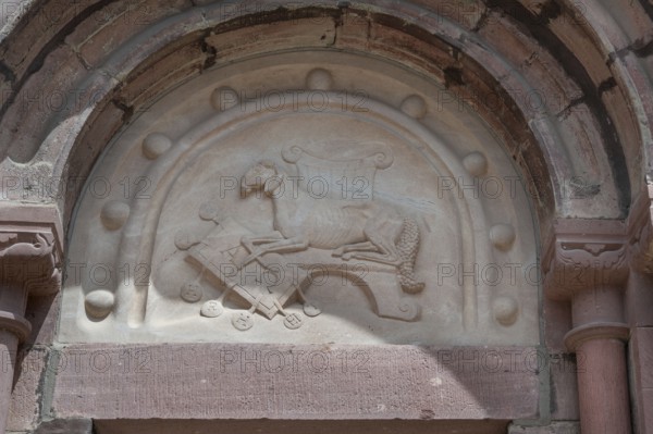 Romanesque relief of a sheep above the left entrance portal of Villingen Minster of Our Lady, Villingen-Schwenningen, Baden-Württemberg, Germany, Europe