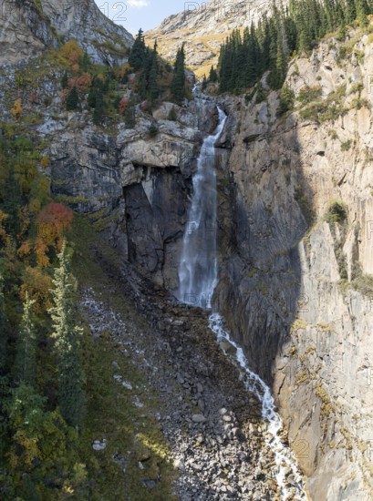 Aerial view, Barskon or Barskoon waterfall, mountain landscape with waterfall in a mountain valley, Jeti-Ögüz, Issyk-Kul region, Kyrgyzstan, Asia