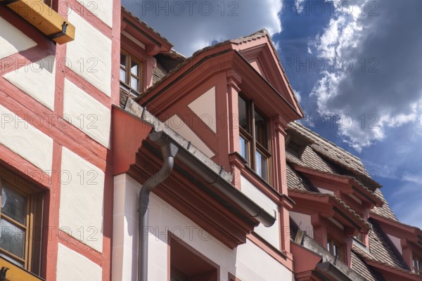 Historic roof bay window on a residential building, Weißgerbergasse, Nuremberg, Middle Franconia, Bavaria, Germany, Europe