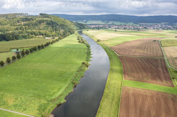 Aerial view over fields and meadows at the Weser river, east of village Wahmbeck, Weserbergland, Germany, Europe