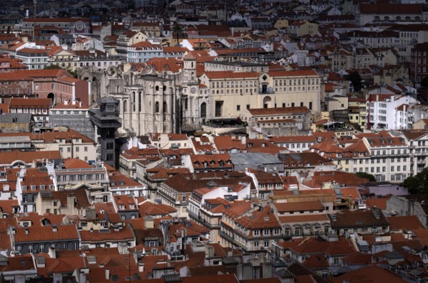 View from Castelo de São Jorge to old town, Elevador de Santa Justa lift, Museu Arqueológico do Carmo museum in church ruins, city view, Lisbon, Portugal, Europe
