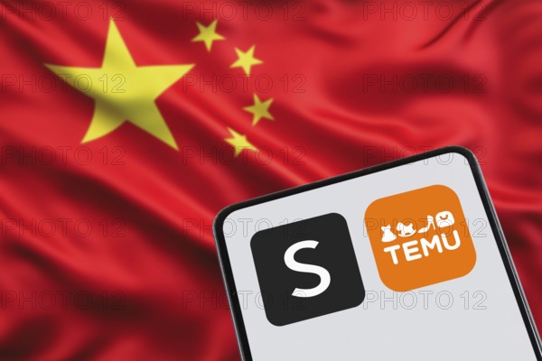 Temu and Shein app logo online marketplace from China with flag online trading ecommerce on a mobile phone in Stuttgart, Germany, Europe