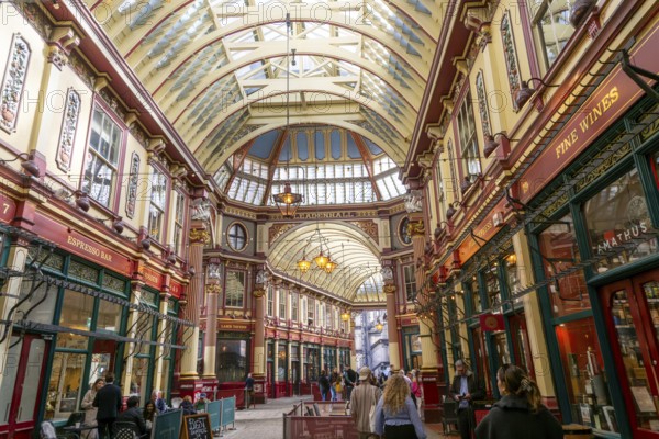 Historic covered shopping arcade Leadenhall Market, City of London, London, England, UK architect Sir Horace Jones 1881