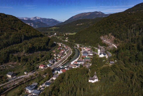 Drone image, river Traun, view of town with parish church, Lauffen, Salzkammergut, Upper Austria, Austria, Europe