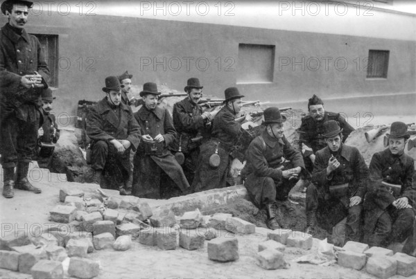 WWI Belgian Civil Guards, Garde Civique, Burgerwacht in position in paramilitary militia uniforms during German invasion of Belgium in 1914