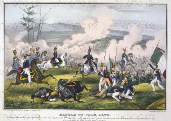 Mexican-American War 1846-1848: Battle of Palo Alto, 8 May 1846, near present-day Brownsville, Texas. US Army General Zachary Taylor defeated the Mexicans under Aria no Aristae. Hand-coloured copperplate engraving