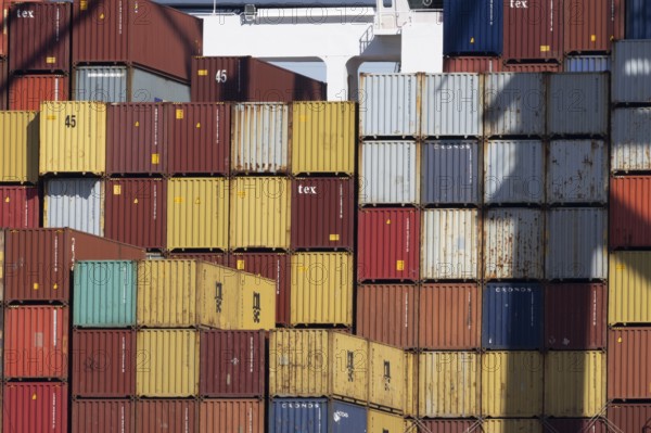Containers on a ship at the port of Felixstowe, Suffolk, England, United Kingdom, Europe