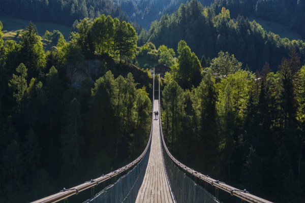 Suspension bridge in Ernen, hike, fear of heights, vertigo, courage, path, overcoming, therapy, evening light, Valais, Switzerland, Europe
