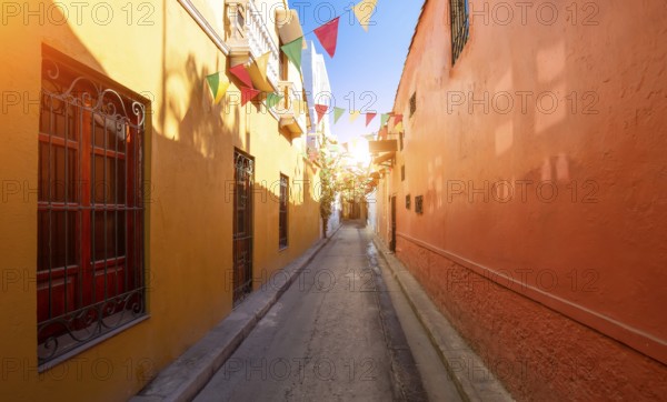 Colombia, Scenic colorful streets of Cartagena in historic Getsemani district near Walled City, Ciudad Amurallada, a UNESCO world heritage site, South America