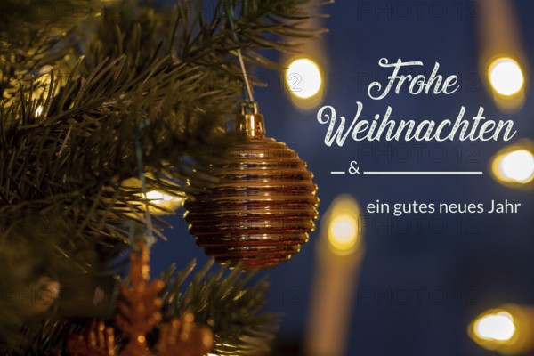 Christmas greetings and New Year's Eve greetings: lettering HAPPY CHRISTMAS AND A HAPPY NEW YEAR with Christmas decorations