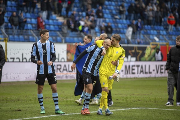 Football 3rd division, 2024/25 season, matchday 24: Waldhof Mannheim vs. Hansa Rostock***Joy and relief among the Waldhof players after the important win against Rostock