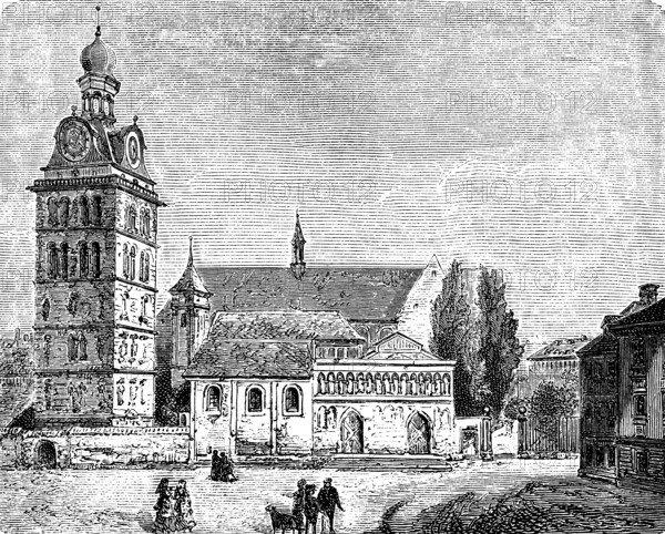 Basilica of St Emmeram in Regensburg, square freestanding tower, tower clock, ridge turret, people, Germany, church building in the Christian Middle Ages, 9th to 15th century, historical illustration 1880, Europe