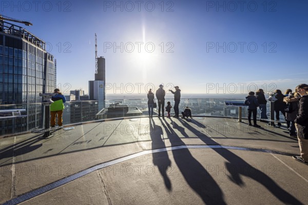 View of the city of Frankfurt from the Main Tower. The 200 metre high viewing platform is the highest in Frankfurt am Main, Hesse, Germany, Europe