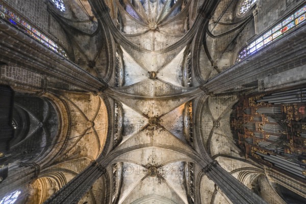 Ceiling vault in the main choir, Cathedral, Catedral de la Santa Creu i Santa Eulalia, Barcelona, Catalonia, Spain, Europe