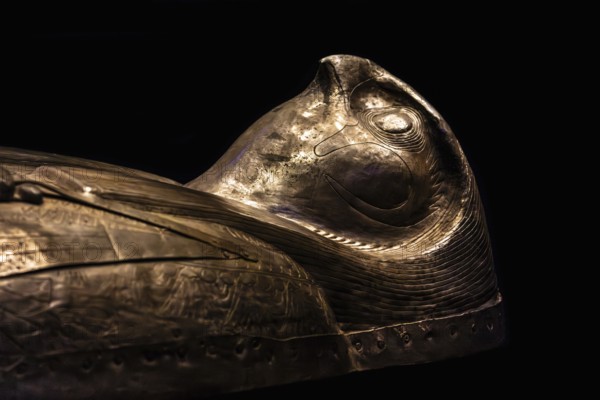 Lid of the falcon-headed coffin of Sheshonq II from the exhibition: Ramses the Great and the Gold of the Pharaohs, Cologne, North Rhine-Westphalia, Germany, Europe