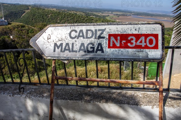 Old signpost to the national road to Cadiz and Malaga, N 340, Vejer de la Frontera, Andalusia, Spain, Europe