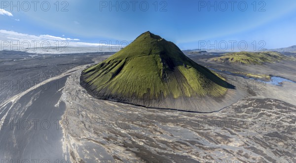 Aerial view, Mælifell mountain covered with moss, Maelifell, black sand desert Mælifellssandur, glacial streams, glacier Myrdalsjökull, Icelandic highlands, Iceland, Europe