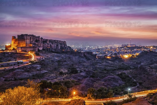 Famous indian tourist landmark Mehrangarh fort in twilight. Jodhpur, Rajasthan, India, Asia