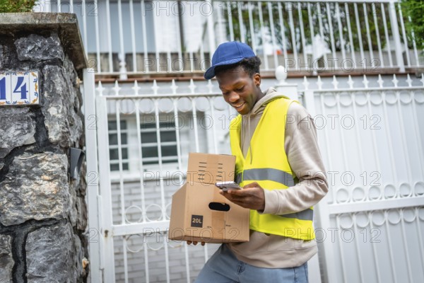 Delivery african young man using GPS to determine customer's address