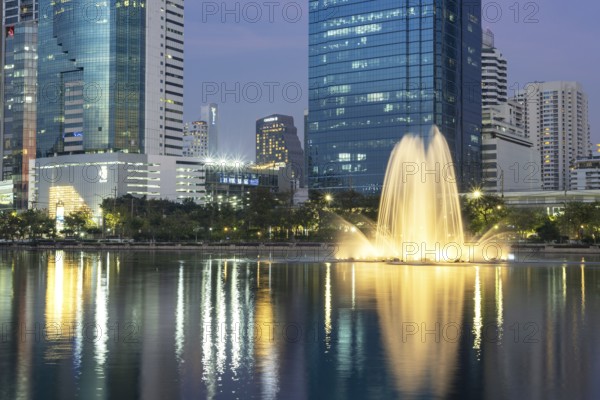 Benjakitti Park, eastern water zone with water fountain, a municipal park in the Khlong Toei district, Bangkok, Thailand, Asia