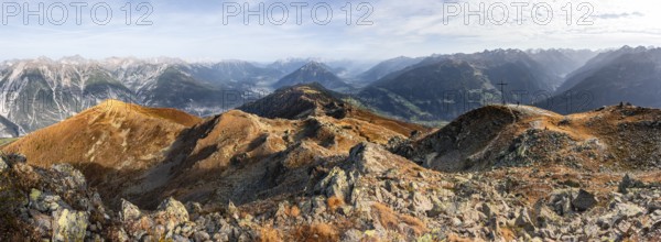 Panorama, mountain panorama at Kreuzjoch summit, view of Tschirgant summit and the Oberinntal valley and into the Pitztal valley, in autumn, Venet crossing, Ötztal Alps, Tyrol, Austria, Europe
