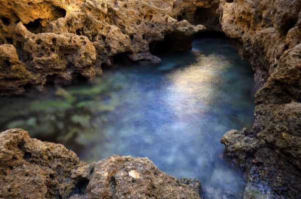 Algar Seco rock formation, coloured rocks and underground caves, caves, shell limestone, Carvoeiro, Algarve, Portugal, Europe