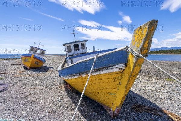 Colourful fishing boats lying ashore at low tide, Hualaihue, Hornopiren, Los Lagos region, Patagonia, Chile, South America