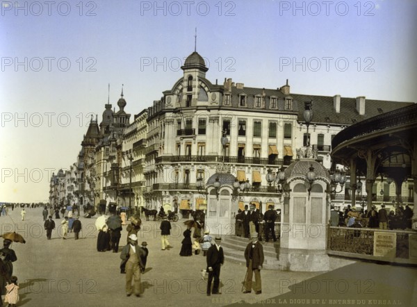 The dyke, beach promenade and Kursaal in Ostend, Belgium, ca 1895, Historical, digitally restored reproduction from a 19th century original, Record date not stated, Europe