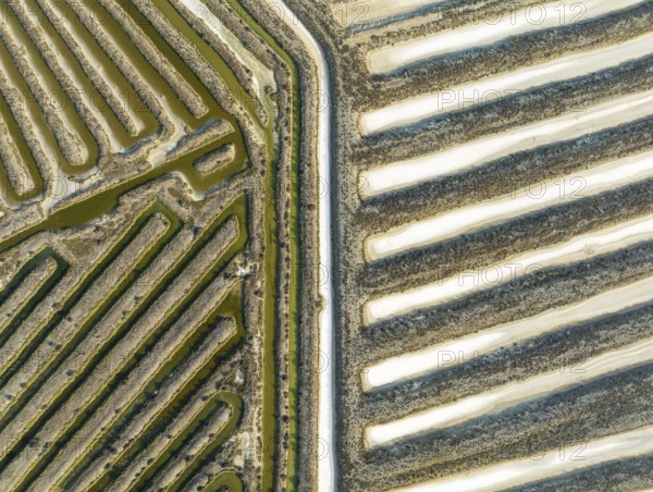 Saline ponds at the salt works near Chiclana de la Frontera. Aerial view. Drone shot. Cádiz province, Andalusia, Spain, Europe